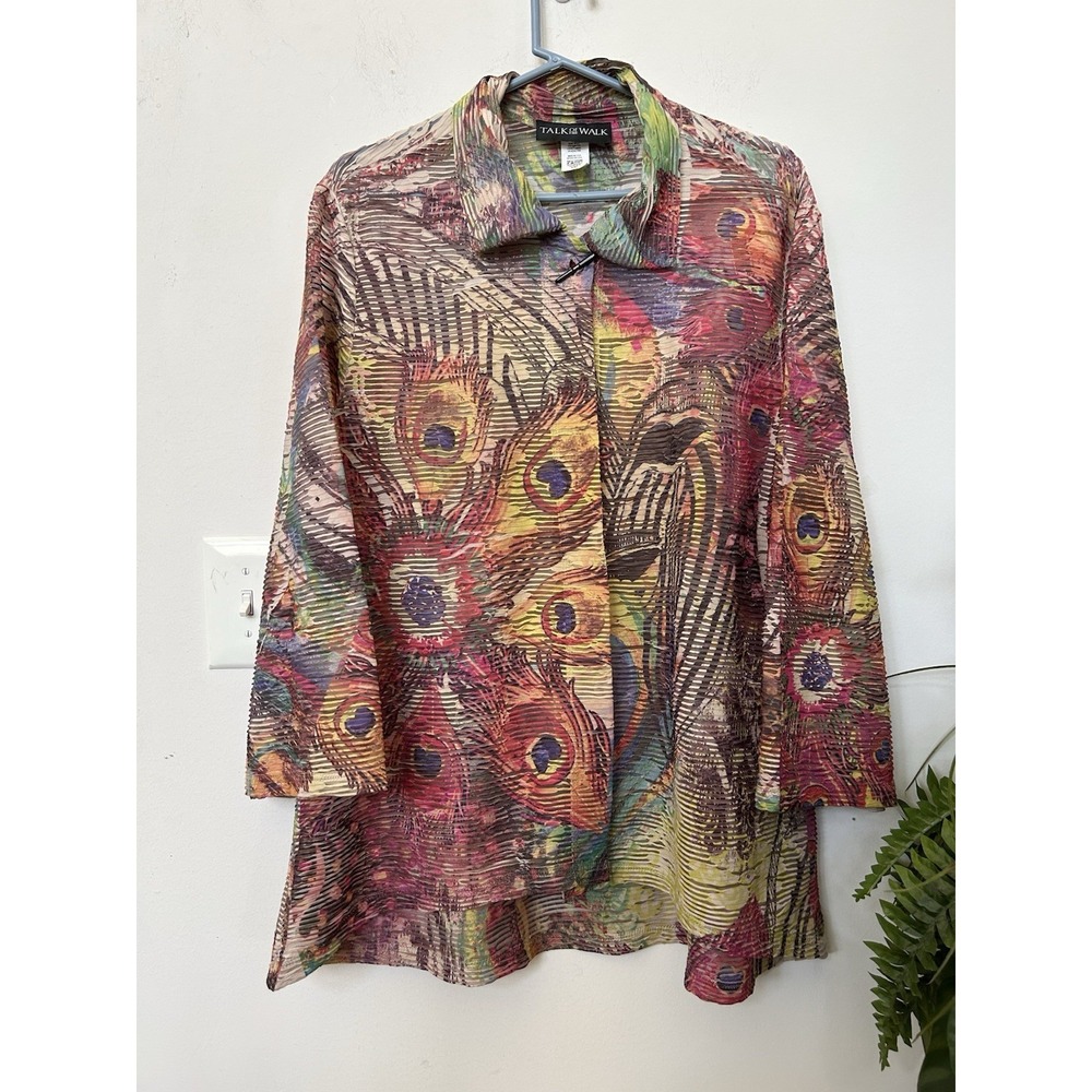 Vtg Talk Of The Walk Peacock Feathers Sheer Cardigan Lightweight Boho Shirt 2XL